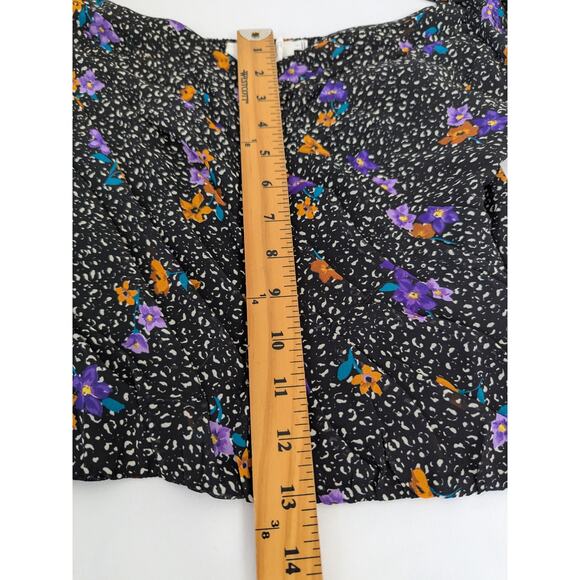 ASTR Shirred Puff Sleeve Sweetheart Neck Floral Smocked Top Size L Boho Black - Picture 9 of 9